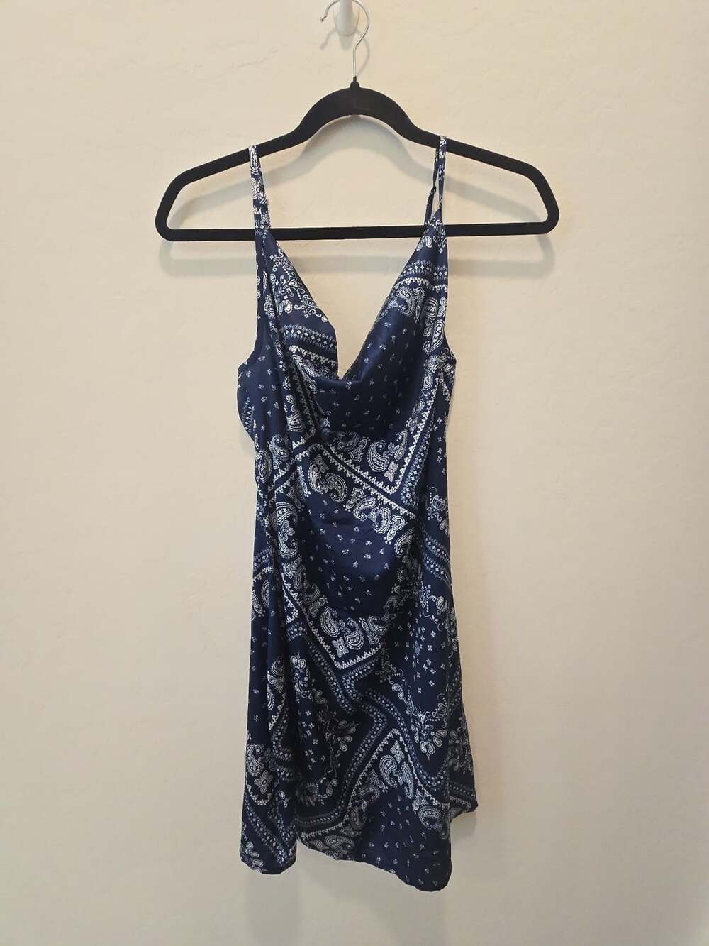Cider Bandana Print Cowl Neck Mini Dress Size S Blue White